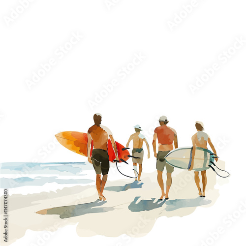 A watercolor vector of a group of surfers carrying boards along the beach, isolated on a white background. Surfers beach vector.
