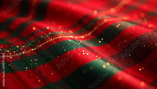 Festive New Year plaid background, red, green, and gold tones with subtle sparkles and soft holiday lighting, cozy and warm atmosphere