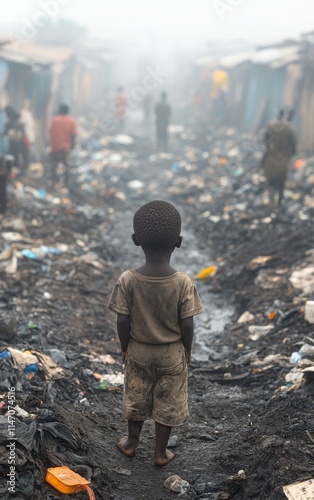 Young African Boy in an Open-Air Slum with Misty Atmosphere

