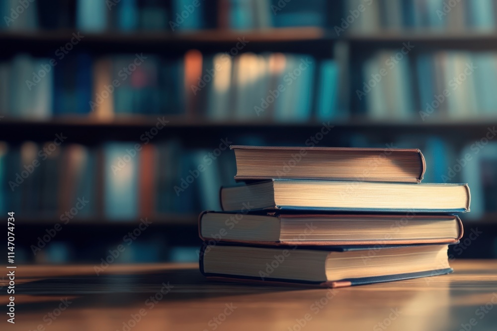 Stacked books on a wooden table in a quiet library during daylight hours Stacked books on a wooden table in a quiet library during daylight hours