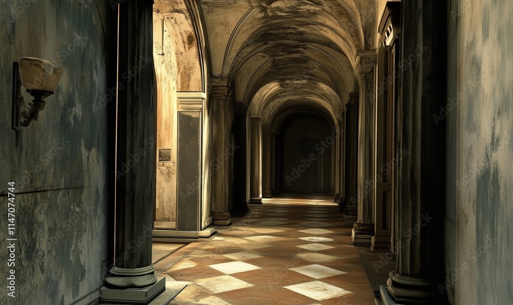 Abandoned corridor with classical architecture, weathered walls, and dramatic lighting creating an eerie atmosphere Abandoned corridor with classical architecture, weathered walls, and dramatic lighting creating an eerie atmosphere