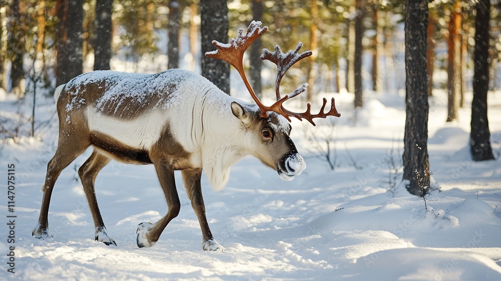 Majestic reindeer walking through serene snowy forest, sunlight Majestic reindeer walking through serene snowy forest, sunlight