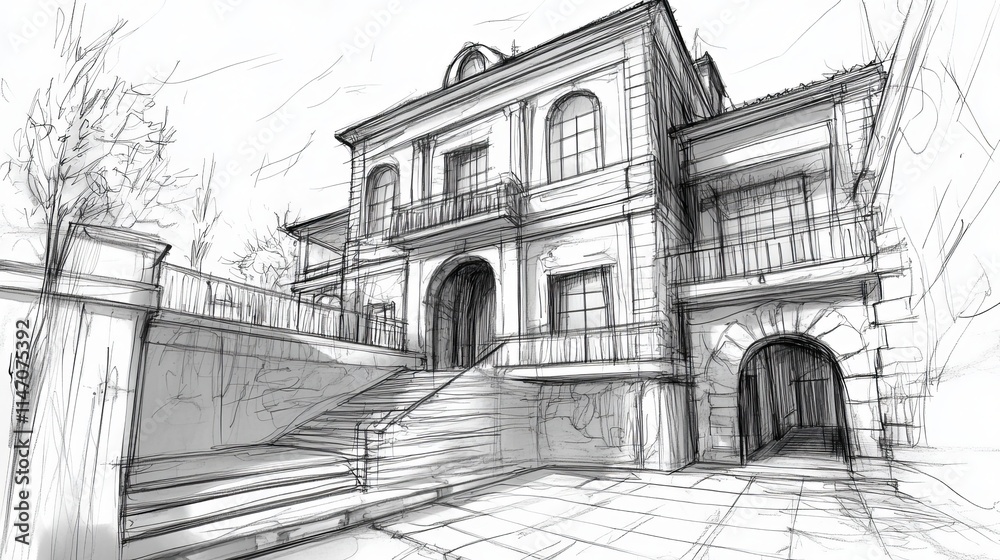 Obraz premium Preliminary Architectural Sketch of a Residential House Design