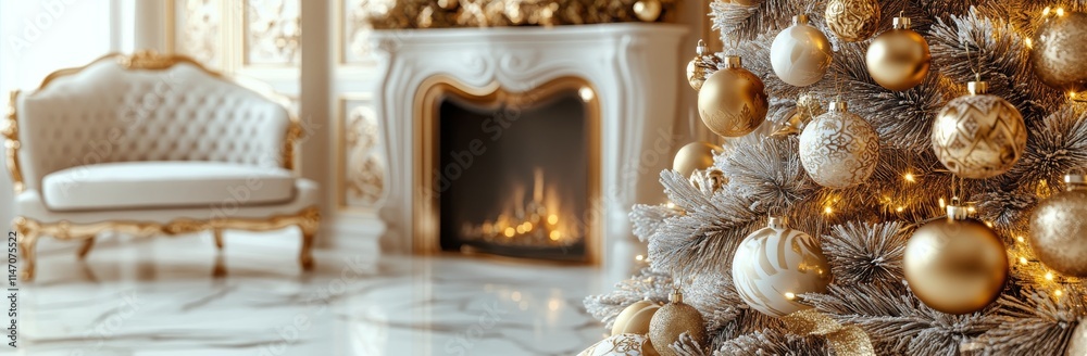 Fototapeta premium Elegant holiday living room with a beautifully decorated Christmas tree and a warm fireplace setting inviting