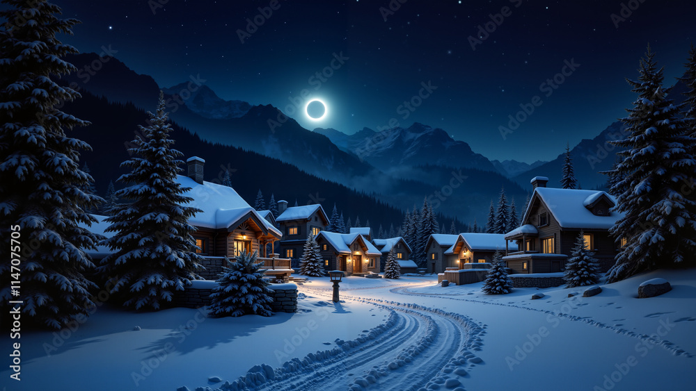 Fototapeta premium Village in the mountans, winter landscape in the mountains. Night. 