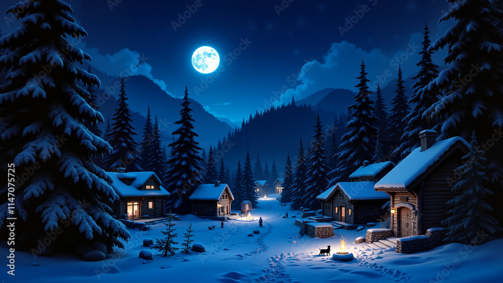 Village in the mountans, winter landscape in the mountains. Night.