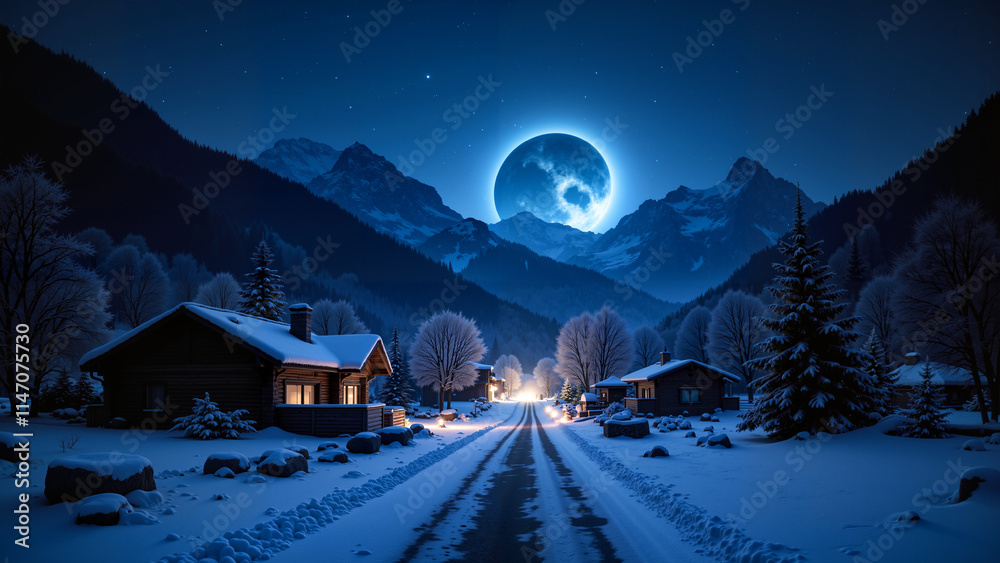 Village in the mountans, winter landscape in the mountains. Night.