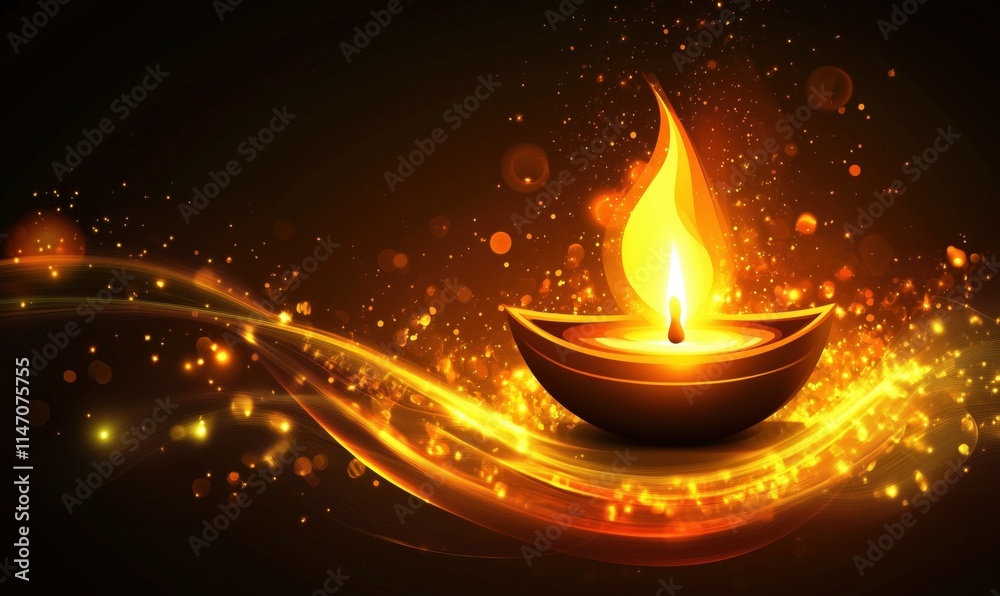 Glowing Diya with Flame and Sparkling Background, Symbolizing Light and Celebration