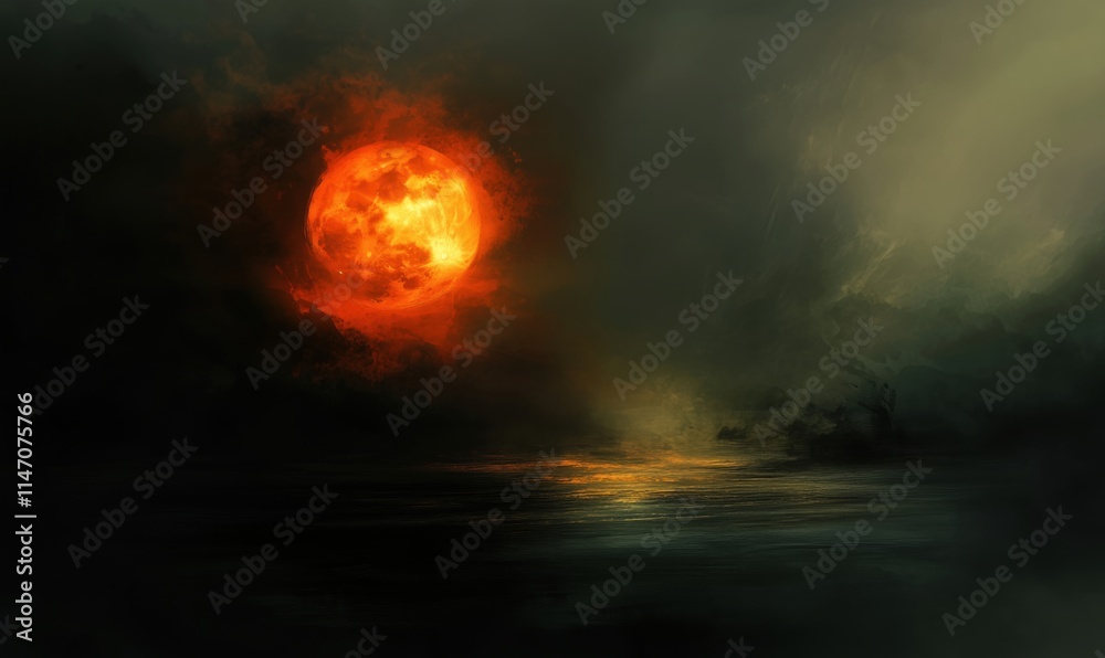 Fiery Red Sun Illuminating Dark Stormy Sky Over Mysterious Ocean Landscape
