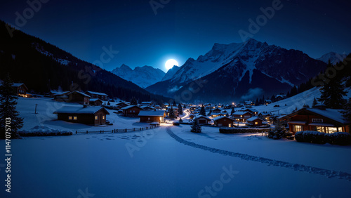 Village in the mountans, winter landscape in the mountains. Night. 