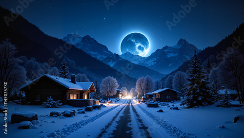 Obraz na płótnie Village in the mountans, winter landscape in the mountains. Night. w salonie