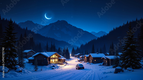 Obraz na płótnie Village in the mountans, winter landscape in the mountains. Night. w salonie