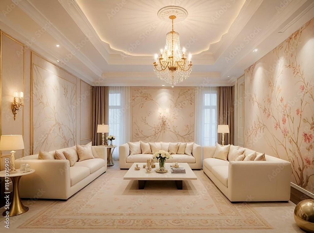 A close-up of a living room with a chandelier and a couch A close-up of a living room with a chandelier and a couch