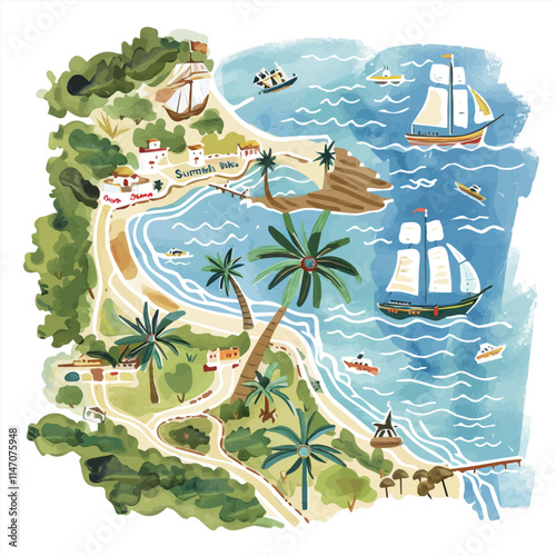 A watercolor vector of a hand-drawn summer map with a beach destination, isolated on a white background. Summer map beach vector.
