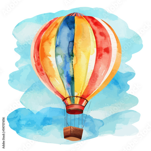 A watercolor drawing of a hot air balloon floating in a bright summer sky, isolated on a white background. Hot air balloon summer sky vector.
