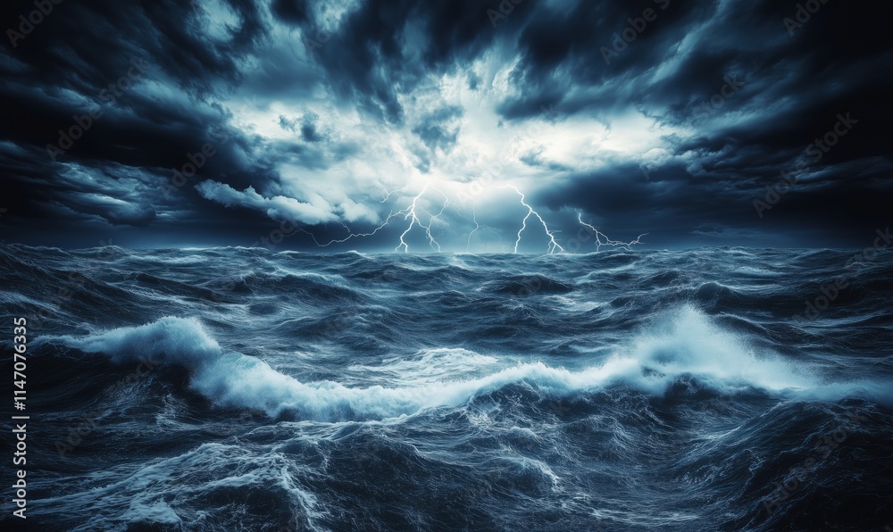Stormy ocean waves crashing under dark clouds and lightning strikes illuminating the turbulent sea Stormy ocean waves crashing under dark clouds and lightning strikes illuminating the turbulent sea