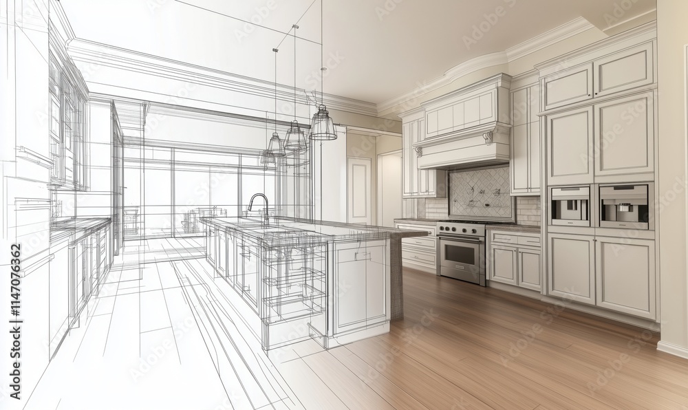 Modern kitchen design blueprint showcasing spacious layout, elegant cabinetry, and high-end appliances Modern kitchen design blueprint showcasing spacious layout, elegant cabinetry, and high-end appliances