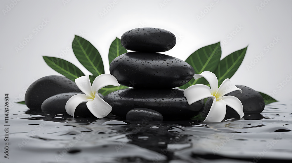 Fototapeta premium tiare flowers candle and black stone spa 