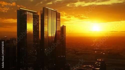 Sunset Over Futuristic Buildings in King Abdullah Financial District, Riyadh