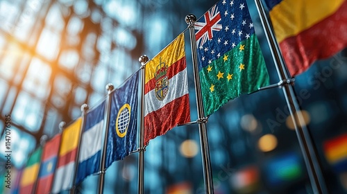 Flags of various nations displayed in a modern setting, symbolizing international unity.