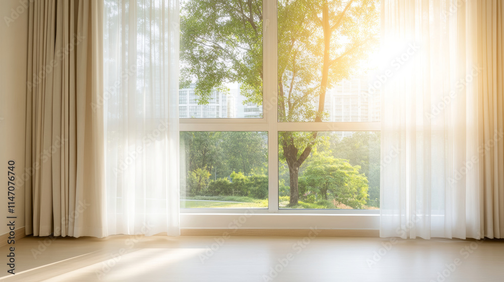 Sunlight streams through sheer curtains of a bedroom window, illuminating a view of a tranquil city park with lush greenery and modern buildings