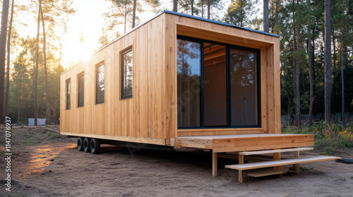 Modern prefabricated tiny house being assembled in a beautiful forest setting, showcasing sustainable and innovative housing solutions