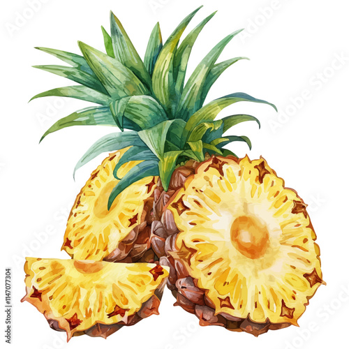 A watercolor vector of a juicy pineapple sliced open, isolated on a white background. Pineapple slice vector.
