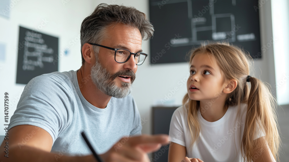 Father and daughter collaborating in a home office, utilizing modern technology for work and study, fostering connection and learning together Father and daughter collaborating in a home office, utilizing modern technology for work and study, fostering connection and learning together