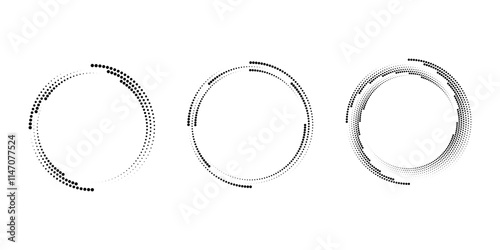 Set of black dotted  vortex shapes. Geometric art. Circle form. Trendy design element for logo, tattoo, sign, symbol, web, prints, posters, social media, template, pattern, abstract backdrop