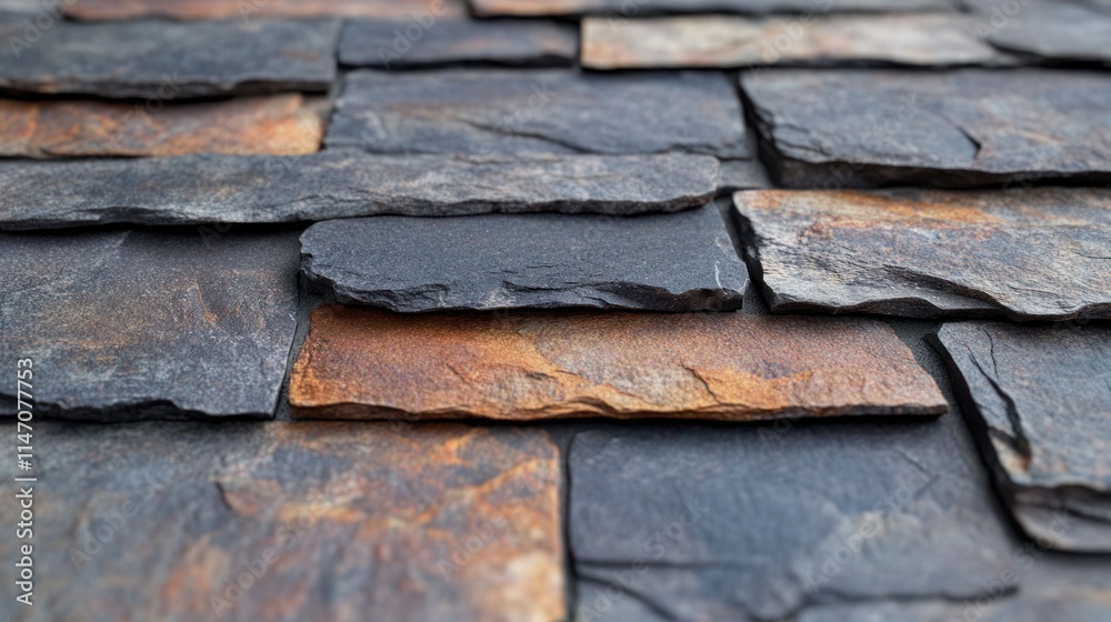 Close-up of textured stone wall tiles in grey and brown. Close-up of textured stone wall tiles in grey and brown.