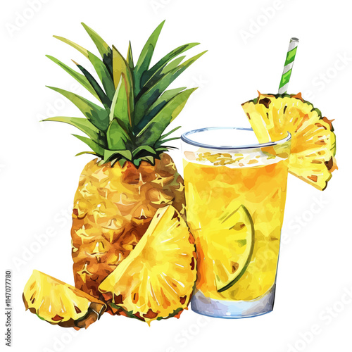 A watercolor painting of a juicy slice of pineapple with a tropical drink, isolated on a white background. Tropical drink pineapple slice vector.
