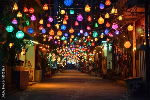 Illuminated alleyway; colorful, hanging lights.