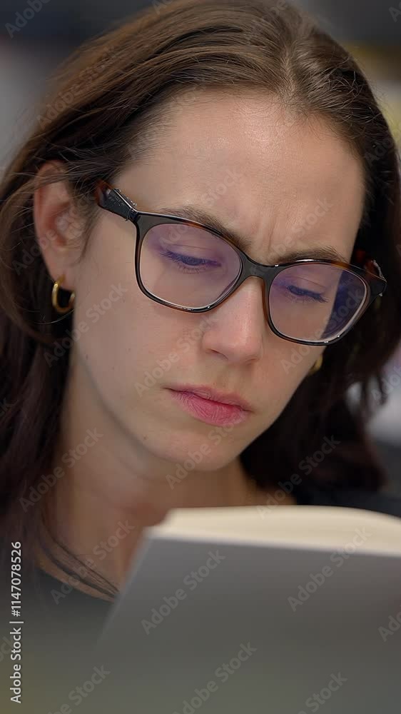 A Focused Individual Wearing Glasses Reading in a Library Surrounded by Books and Knowledge