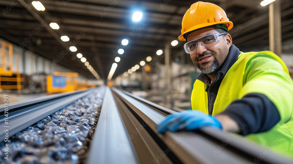 Factory worker wearing protective gear checking plastic materials moving along conveyor in recycling facility Factory worker wearing protective gear checking plastic materials moving along conveyor in recycling facility