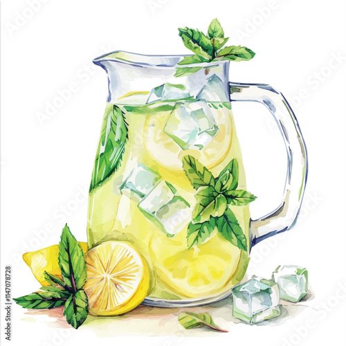 A watercolor vector of a lemonade pitcher with mint leaves and ice cubes, isolated on a white background. Lemonade pitcher mint leaves ice cubes vector.
