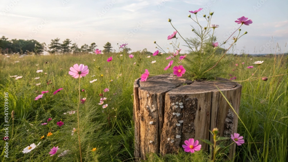 Wildflowers blooming around a rustic tree stump in a meadow Wildflowers blooming around a rustic tree stump in a meadow