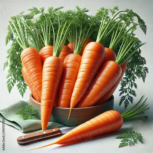 A bunch of fresh carrots with green tops still attached, arranged on a neutral background showcasing their vibrant orange color and smooth texture photo