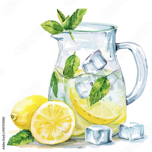 A watercolor vector of a lemonade pitcher with mint leaves and ice cubes, isolated on a white background. Lemonade pitcher mint leaves ice cubes vector.
