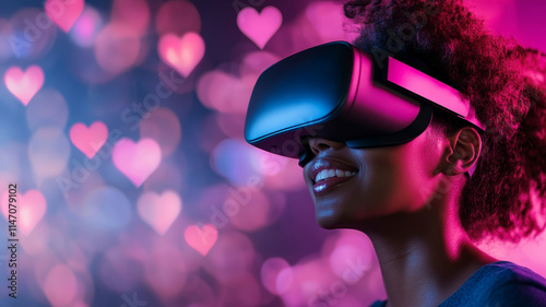 Virtual reality female wearing headset, manipulating floating holographic hearts in digital environment, embracing technological interaction