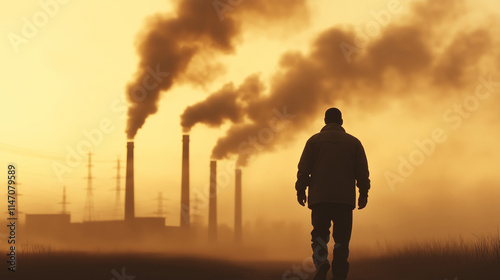 Silhouette of a factory worker walking away from a plant with large chimneys spewing thick, dark smoke into the atmosphere at sunset photo