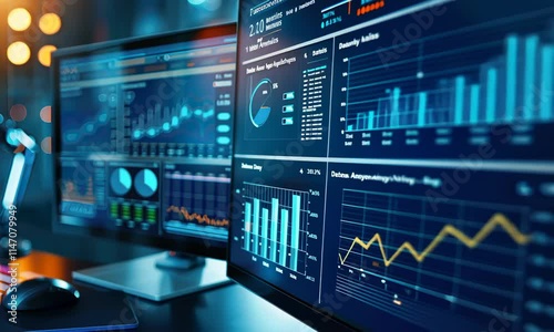 Multiple computer monitors displaying various financial data charts and graphs in high-tech environment