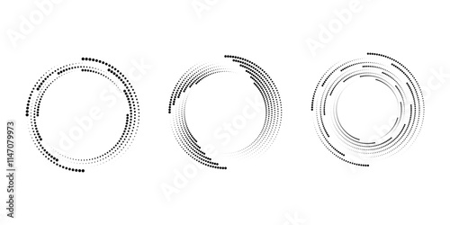 Set of black dotted vortex shapes. Geometric art. Circle form. Trendy design element for logo, tattoo, sign, symbol, web, prints, posters, social media, template, pattern, abstract backdrop