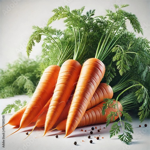 A bunch of fresh carrots with green tops still attached, arranged on a neutral background showcasing their vibrant orange color and smooth texture photo