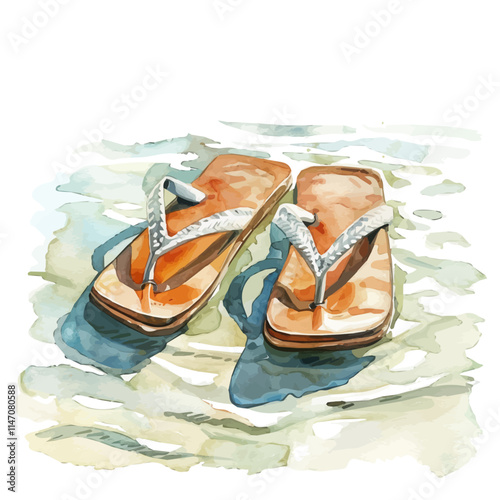 A watercolor vector of a pair of beach sandals next to the water, isolated on a white background. Sandals water vector.
