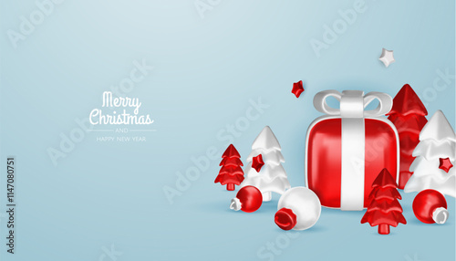 Happy New Year and Merry Christmas. Christmas holiday background with realistic 3d objects, bauble balls, conical metal stars. Levitation falling design composition.