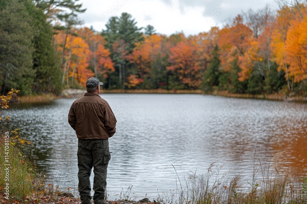 Reflective moment by the tranquil lake surrounded by autumn colors in a peaceful forest setting Reflective moment by the tranquil lake surrounded by autumn colors in a peaceful forest setting