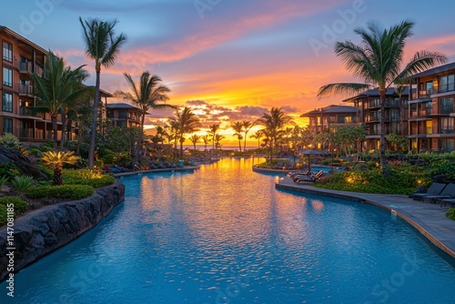 Serene sunset over a tranquil lake surrounded by palm trees and lush greenery in a scenic residential area