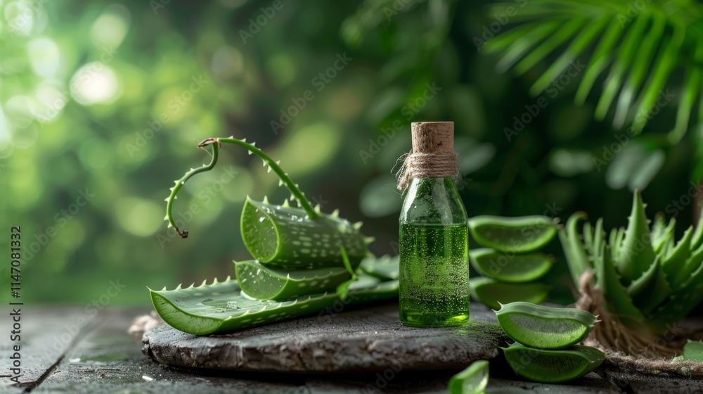 Natural aloe vera bottle with green gel and fresh leaves on a rustic wooden surface. Natural aloe vera bottle with green gel and fresh leaves on a rustic wooden surface.