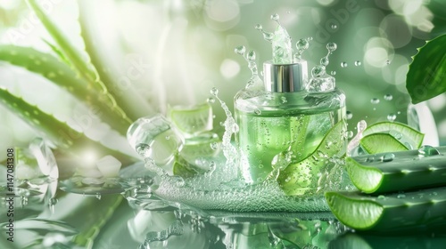 Dynamic splash of aloe vera-infused serum bottle with fresh green leaves and hydration effect. photo