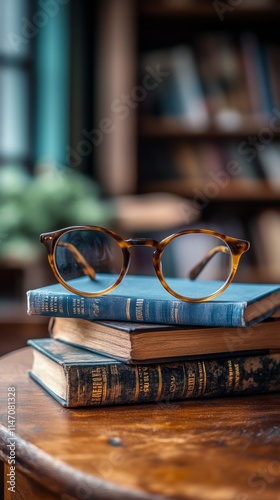 Classic reading glasses resting on aged books in a cozy library setting with shelves filled with literature